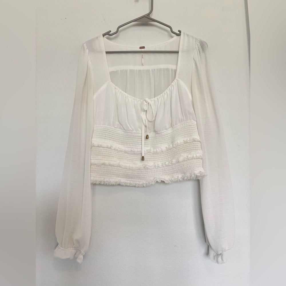 FREE PEOPLE WHITE MESH RUFFLE TIE FRONT LONG SLEEVE BLOUSE SZ SMALL